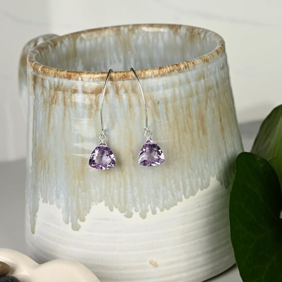 Women's Purple Amethyst Trillion Quartz Sterling Silver Dangle Earrings - Picture 3 of 9